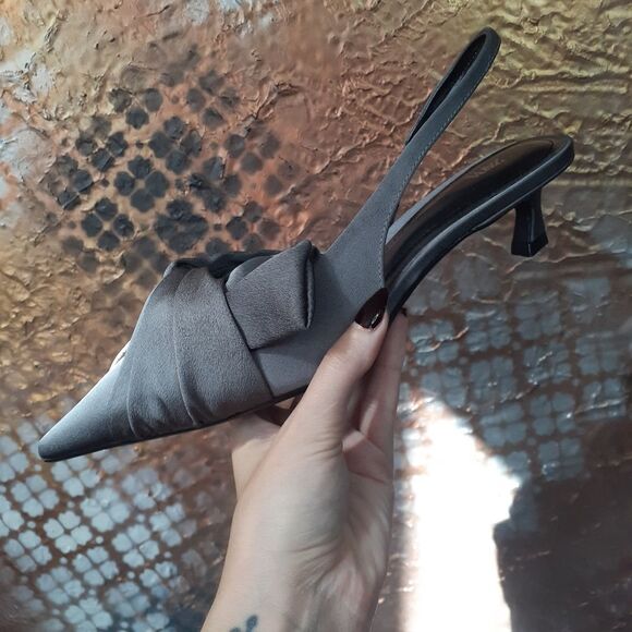 Zara Nwot Gray Satin Slingback Kitten Heels - Picture 4 of 15